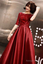 Stunning Evening Dresses Burgundy Half Sleeve Sequin Satin Floor Length Long Prom Gown
