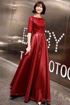 Stunning Evening Dresses Burgundy Half Sleeve Sequin Satin Floor Length Long Prom Gown