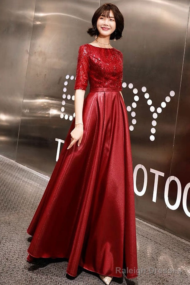 Stunning Evening Dresses Burgundy Half Sleeve Sequin Satin Floor Length Long Prom Gown
