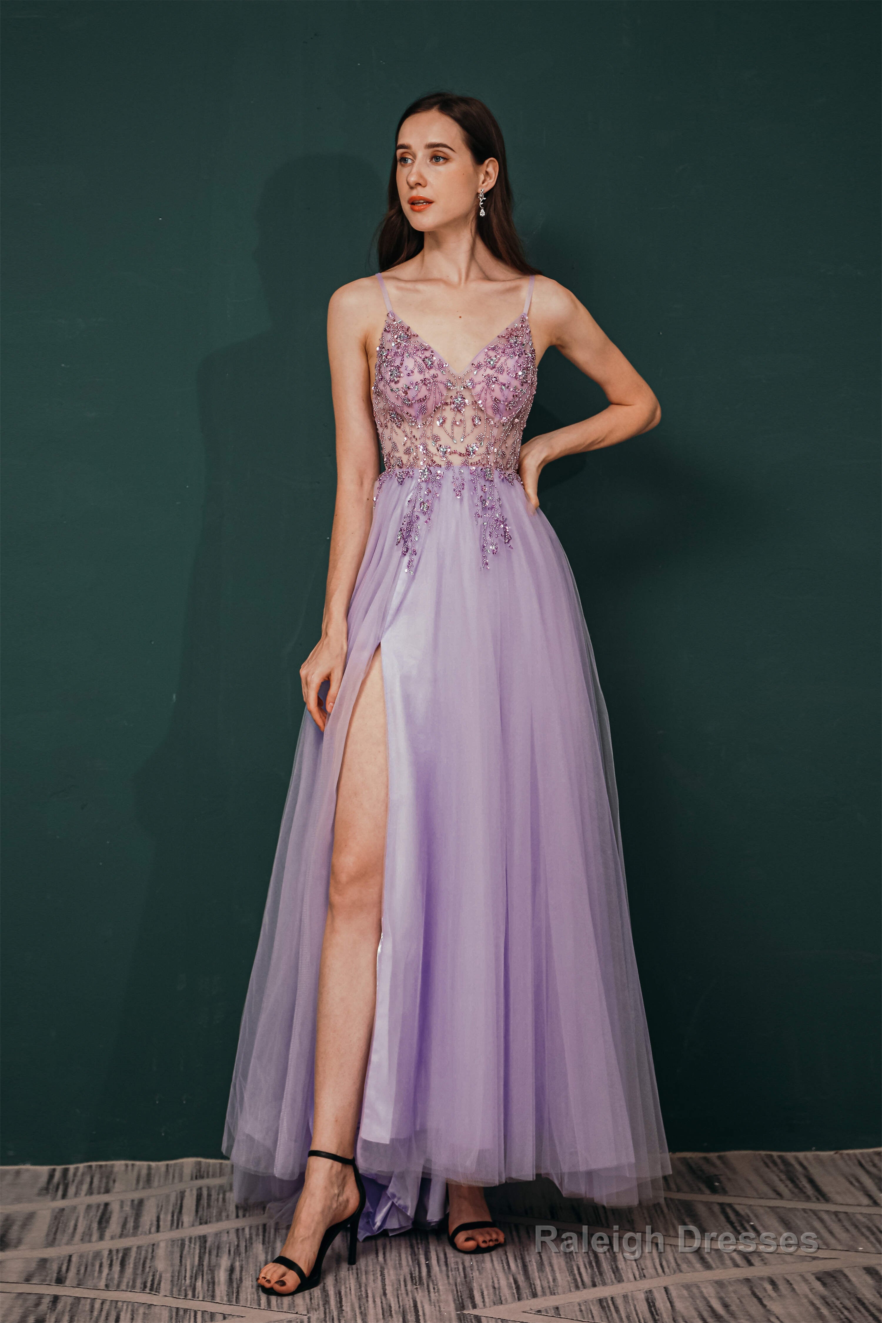 Stunning Front Split Spaghetti Straps Long A Line Beaded Prom Dresses Secondary image