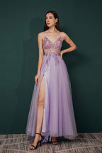 Stunning Front Split Spaghetti Straps Long A Line Beaded Prom Dresses