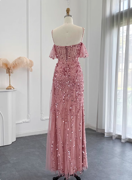 Stunning Pink Spaghetti Strap Slit Sequin Tulle Long Formal Prom Dress Secondary image
