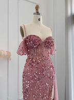 Stunning Pink Spaghetti Strap Slit Sequin Tulle Long Formal Prom Dress