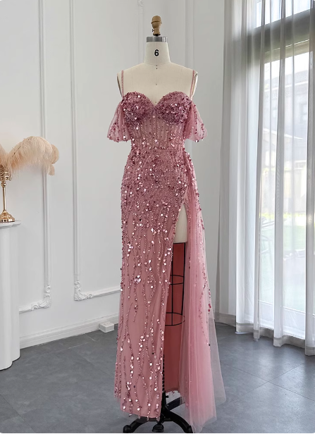 Stunning Pink Spaghetti Strap Slit Sequin Tulle Long Formal Prom Dress