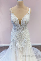 Stunning Long A Line Tulle Sweetheart Appliques Lace Wedding Dresses