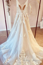 Stunning Long A Line V Neck Tulle Floral Lace Wedding Dress