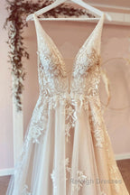 Stunning Long A Line V Neck Tulle Floral Lace Wedding Dress
