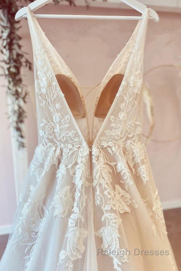 Stunning Long A Line V Neck Tulle Floral Lace Wedding Dress