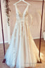 Stunning Long A Line V Neck Tulle Floral Lace Wedding Dress