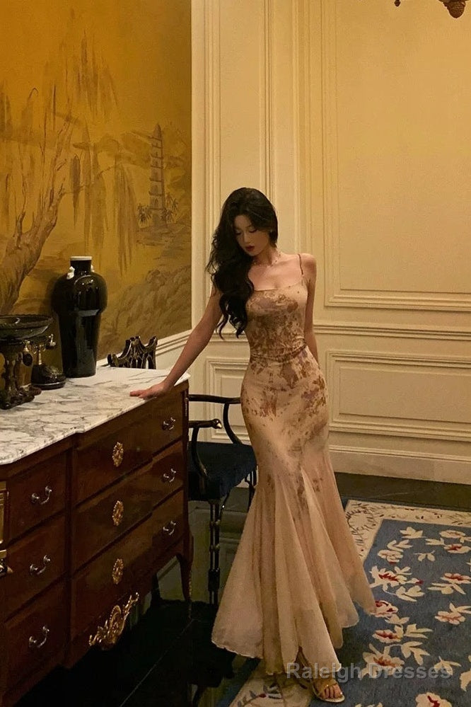 Stunning Mermaid Spaghetti Straps Champagne Floral Date Night Dress Prom Dresses Birthday Outfit