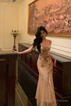 Stunning Mermaid Spaghetti Straps Champagne Floral Date Night Dress Prom Dresses Birthday Outfit