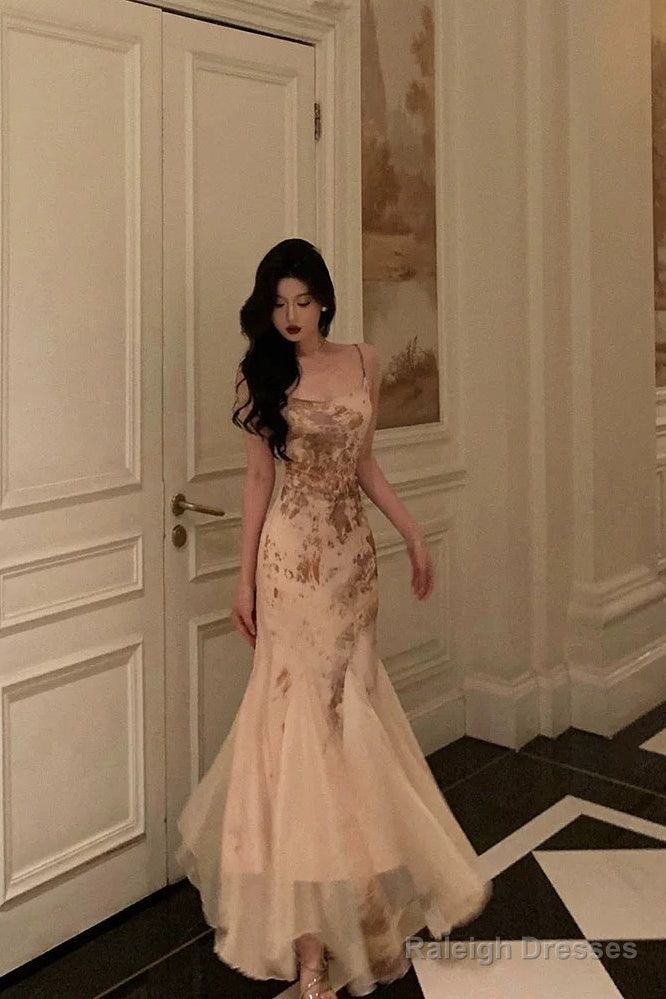 Stunning Mermaid Spaghetti Straps Champagne Floral Date Night Dress Prom Dresses Birthday Outfit