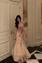 Stunning Mermaid Spaghetti Straps Champagne Floral Date Night Dresses Prom Dress Birthday Outfit