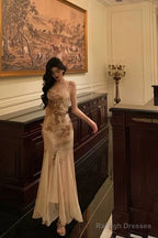 Stunning Mermaid Spaghetti Straps Champagne Floral Date Night Dress Prom Dresses Birthday Outfit