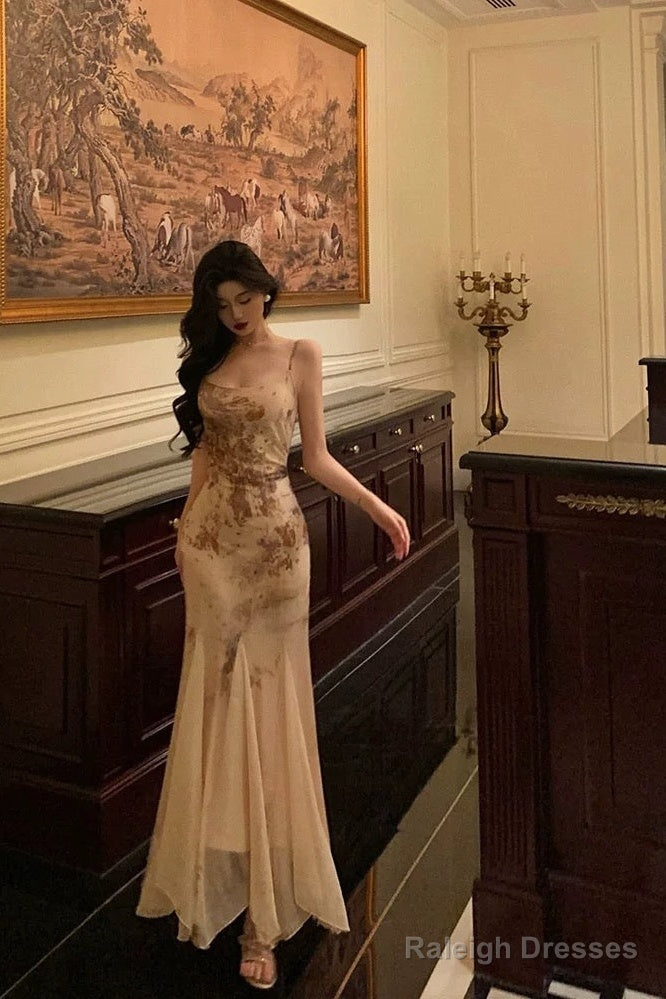 Stunning Mermaid Spaghetti Straps Champagne Floral Date Night Dress Prom Dresses Birthday Outfit