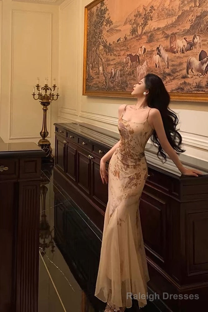 Stunning Mermaid Spaghetti Straps Champagne Floral Date Night Dress Prom Dresses Birthday Outfit