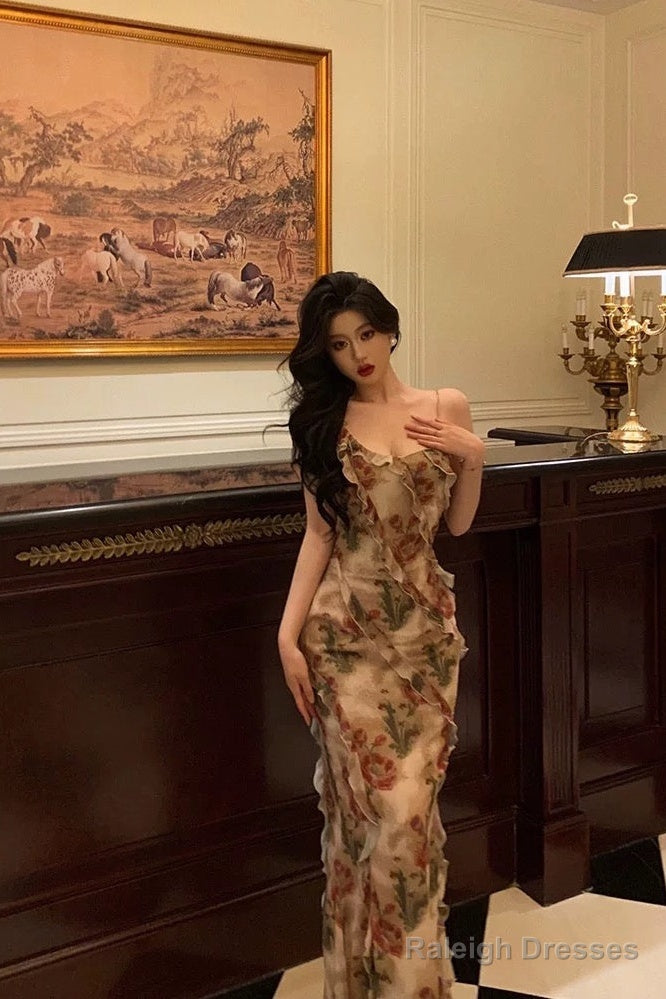 Stunning Mermaid Spaghetti Straps Floral Ruffles Prom Dress Long Birthday Outfit Secondary image