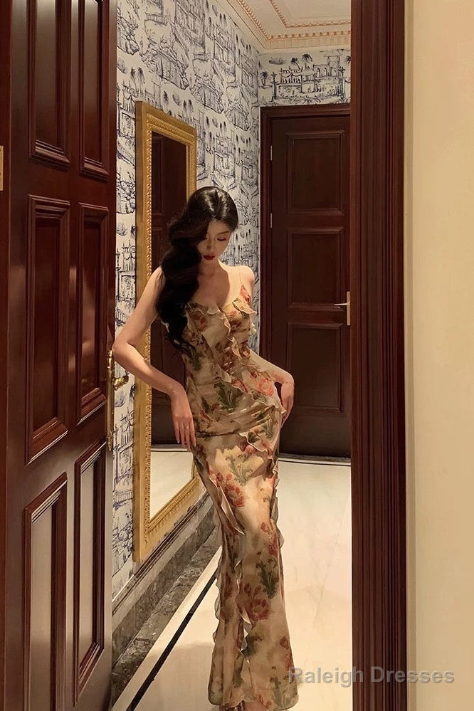 Stunning Mermaid Spaghetti Straps Floral Ruffles Prom Dress Long Birthday Outfit