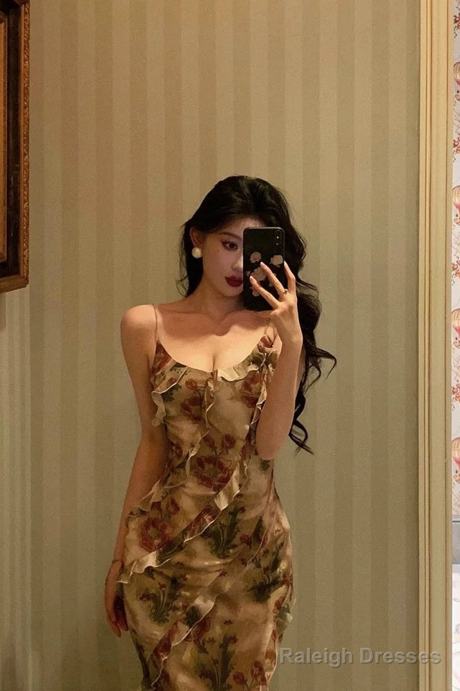 Stunning Mermaid Spaghetti Straps Floral Ruffles Prom Dress Long Birthday Outfit