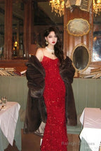 Stunning Mermaid Spaghetti Straps Long Red Sequin Prom Dresses Birthday Outfits