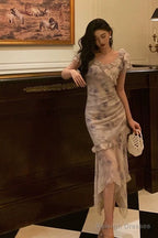 Stunning Mermaid V Neckline Short Sleeves Date Night Dress Prom Dresses Floral Birthday Party Outfit