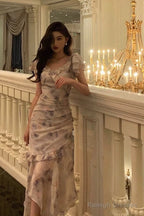 Stunning Mermaid V Neckline Short Sleeves Date Night Dresses Prom Dress Floral Birthday Prom Outfit
