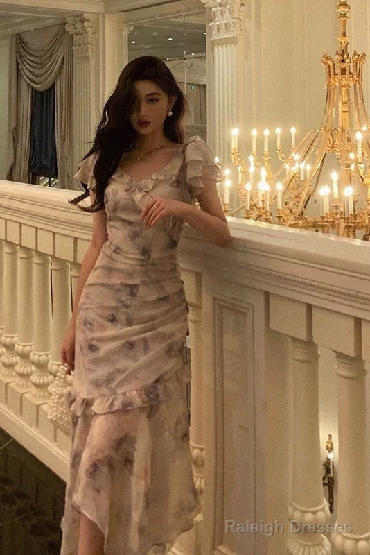 Stunning Mermaid V Neckline Short Sleeves Date Night Dresses Prom Dress Floral Birthday Prom Outfit