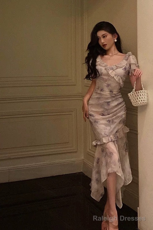 Stunning Mermaid V Neckline Short Sleeves Date Night Dress Prom Dresses Floral Birthday Party Outfit