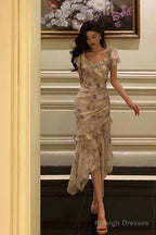 Stunning Mermaid V Neckline Short Sleeves Date Night Dress Prom Dresses Floral Birthday Party Outfit