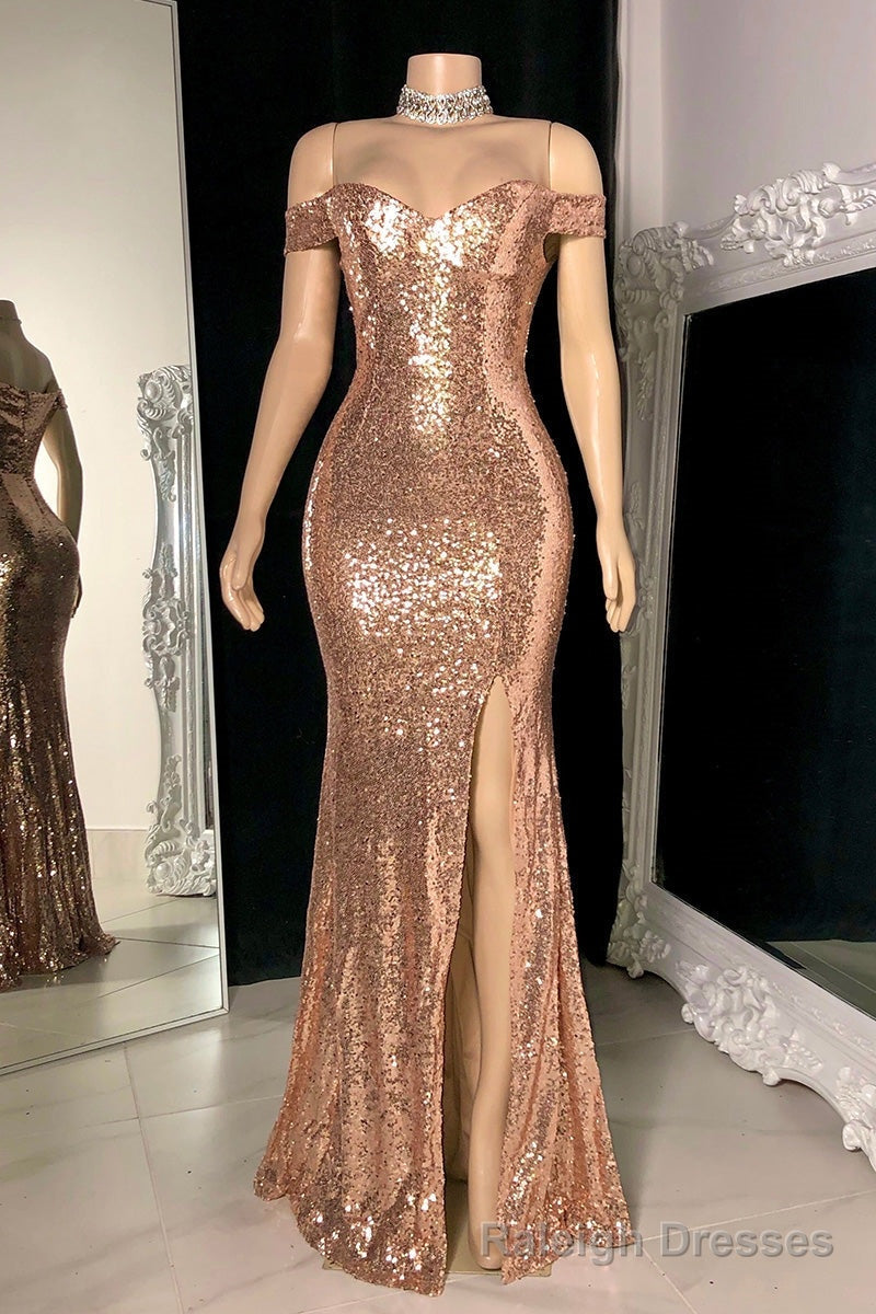 Stunning Off-the-Shoulder Mermaid Prom Dress Sequins Long Slit Online Main image