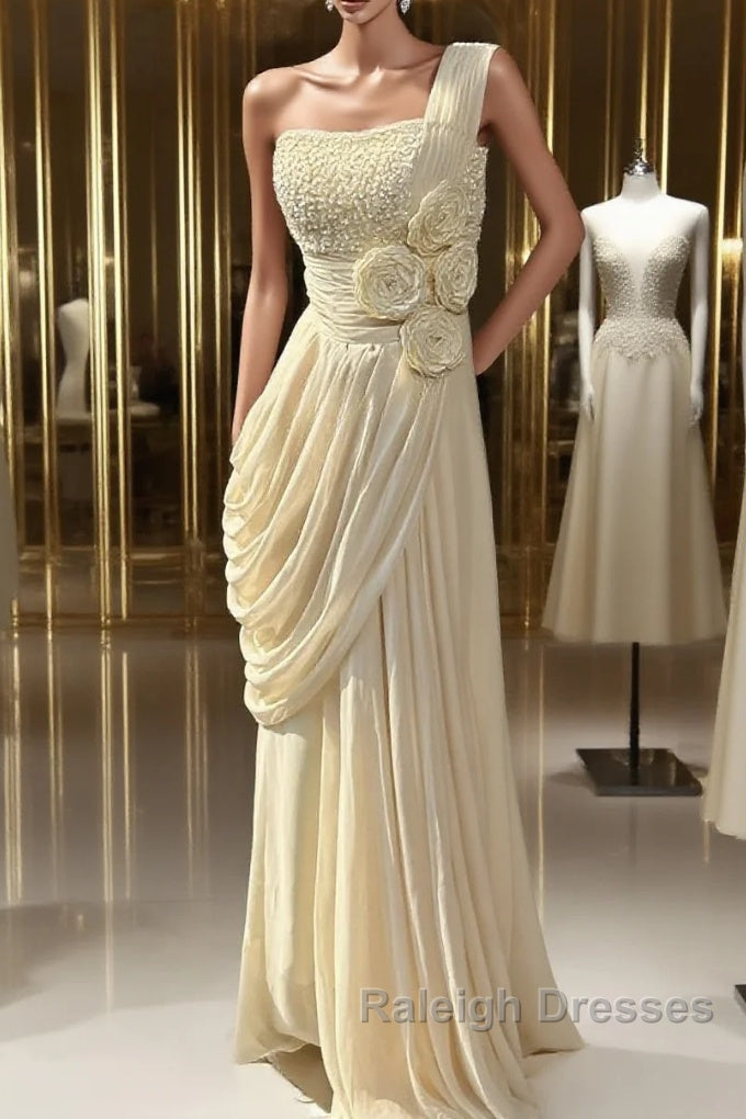 Stunning One Shoulder Beaded Sequin Chiffon Long Prom Dress Formal Evening Dress Simple Wedding Dress