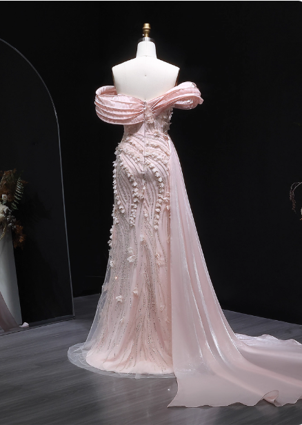 Stunning Pink Mermaid Train Off-The-Shoulder 3D Floral Satin Formal Prom Dress Secondary image