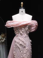 Stunning Pink Mermaid Train Off-The-Shoulder 3D Floral Satin Formal Prom Dress