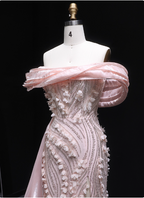 Stunning Pink Mermaid Train Off-The-Shoulder 3D Floral Satin Formal Prom Dress