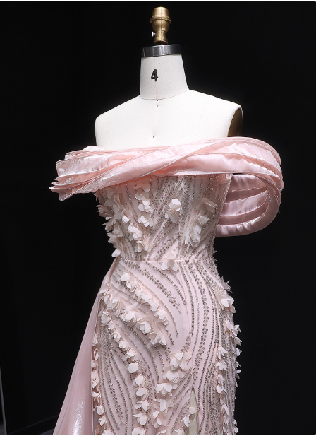 Stunning Pink Mermaid Train Off-The-Shoulder 3D Floral Satin Formal Prom Dress