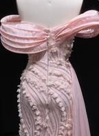 Stunning Pink Mermaid Train Off-The-Shoulder 3D Floral Satin Formal Prom Dress