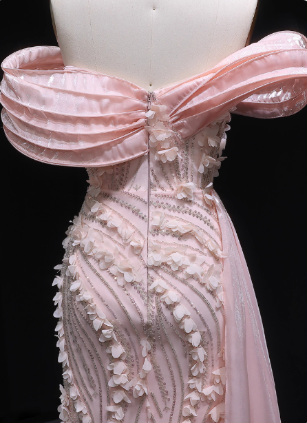 Stunning Pink Mermaid Train Off-The-Shoulder 3D Floral Satin Formal Prom Dress