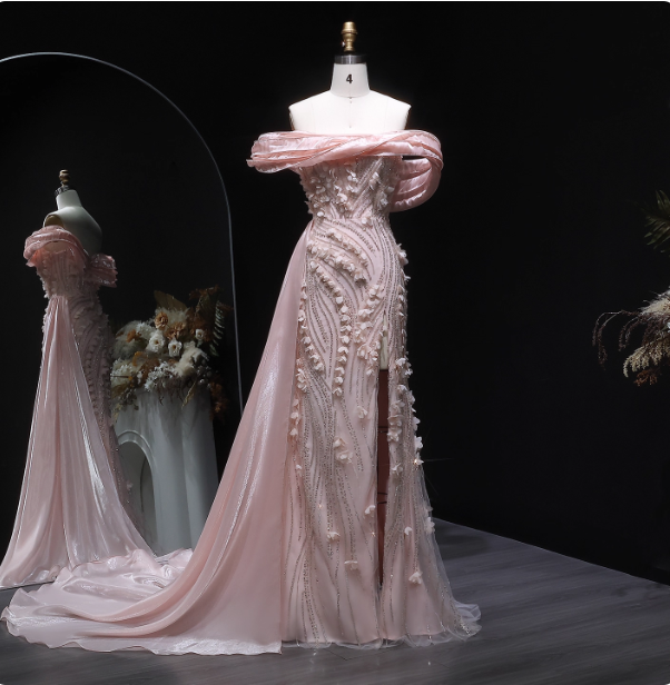 Stunning Pink Mermaid Train Off-The-Shoulder 3D Floral Satin Formal Prom Dress