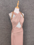 Stunning Pink Sleeveless Cross Neck Beaded Satin Long Formal Prom Dress
