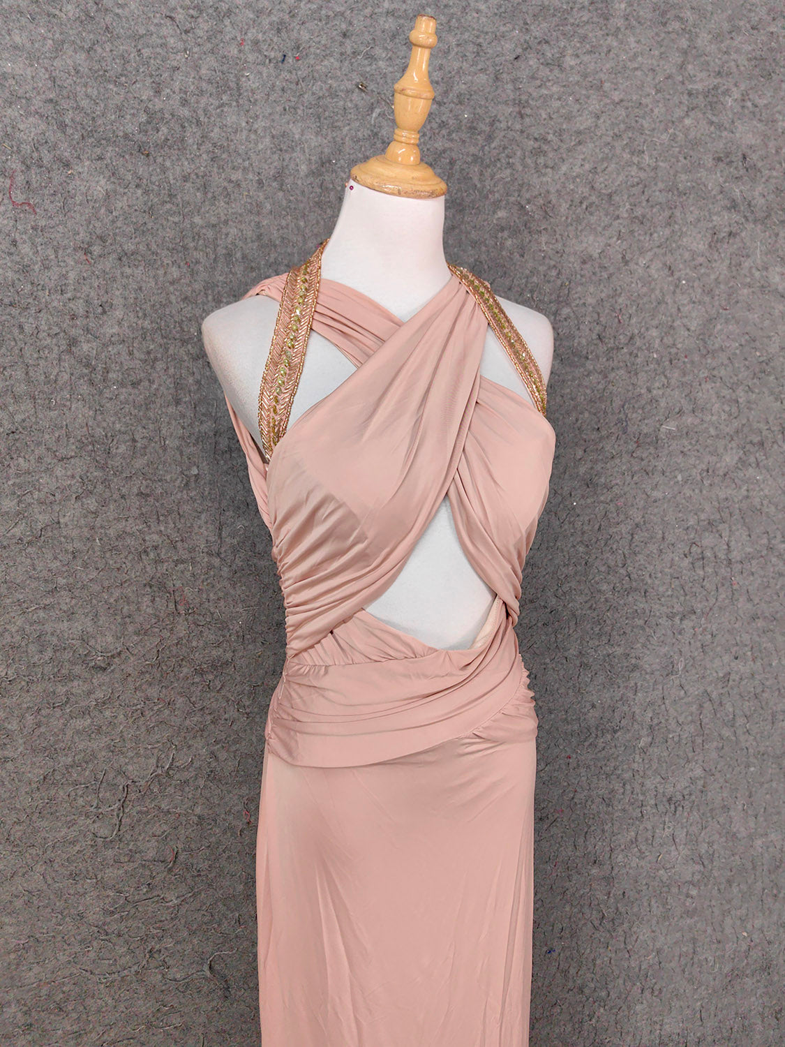 Stunning Pink Sleeveless Cross Neck Beaded Satin Long Formal Prom Dress