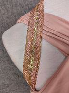Stunning Pink Sleeveless Cross Neck Beaded Satin Long Formal Prom Dress