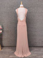 Stunning Pink Sleeveless Cross Neck Beaded Satin Long Formal Prom Dress