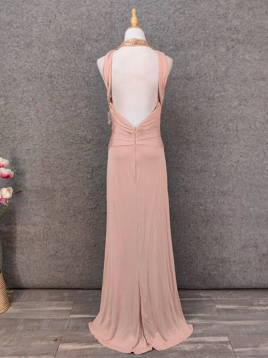 Stunning Pink Sleeveless Cross Neck Beaded Satin Long Formal Prom Dress