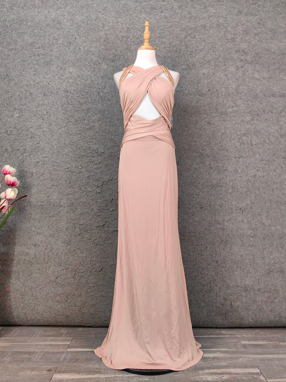 Stunning Pink Sleeveless Cross Neck Beaded Satin Long Formal Prom Dress Main image