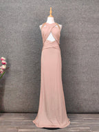 Stunning Pink Sleeveless Cross Neck Beaded Satin Long Formal Prom Dress