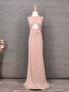 Stunning Pink Sleeveless Cross Neck Beaded Satin Long Formal Prom Dress