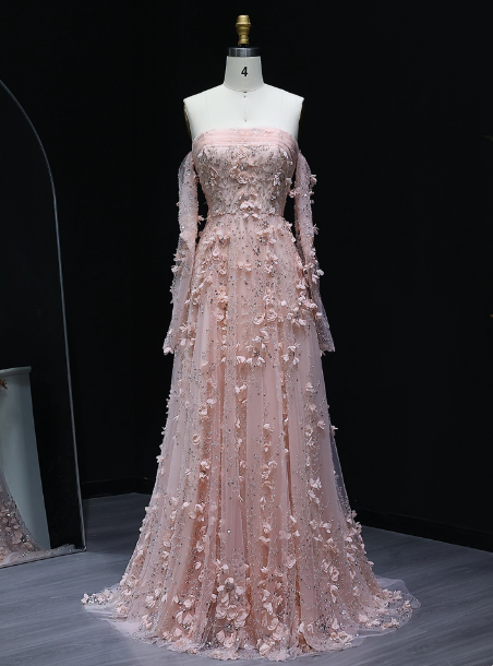 Stunning Pink Strapless 3D Floral Sequin Tulle Train Formal Prom Dress Secondary image