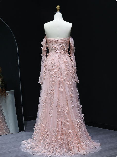 Stunning Pink Strapless 3D Floral Sequin Tulle Train Formal Prom Dress