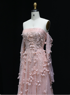 Stunning Pink Strapless 3D Floral Sequin Tulle Train Formal Prom Dress