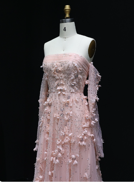 Stunning Pink Strapless 3D Floral Sequin Tulle Train Formal Prom Dress